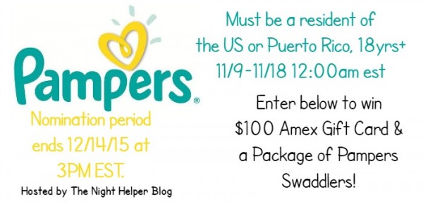 Win a $100 American Express Gift Card + A Package of Pampers Swaddlers Ends 11/18 Good luck!