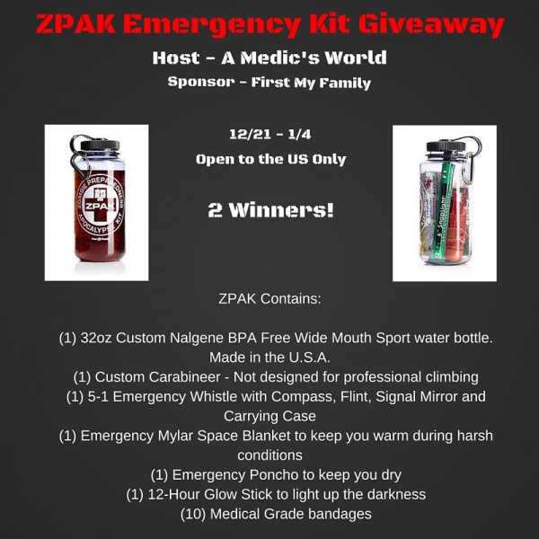 ZPAK Emergency Preparedness Kit Giveaway - 2 Winners from First My Famly Ends 1/4 Good Luck