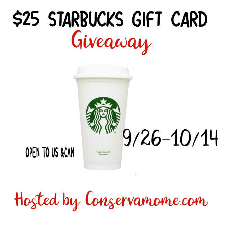 $25 Starbucks Gift Card Giveaway Ends 10/14 Good Luck and go grab some coffee! 